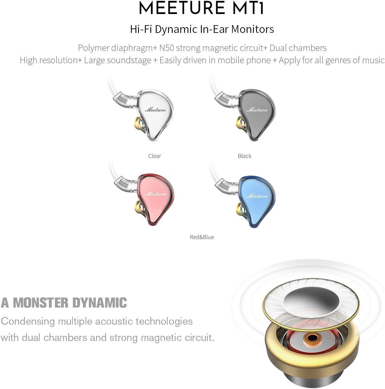 MT1 in Ear Monitor Headphones with Dynamic Driver, Hifi Wired Earbuds Detachable Cable with Mic, Noise Isolating IEM Earphones Clear Sound and Depth, Gaming Earbuds for Phone Computer Tablet